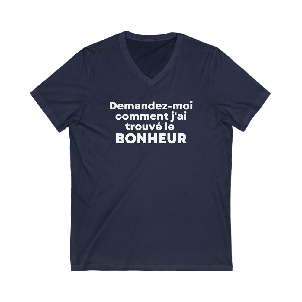Bonheur/Happiness, Unisex Jersey Short Sleeve V-Neck Tee (FR CDN)